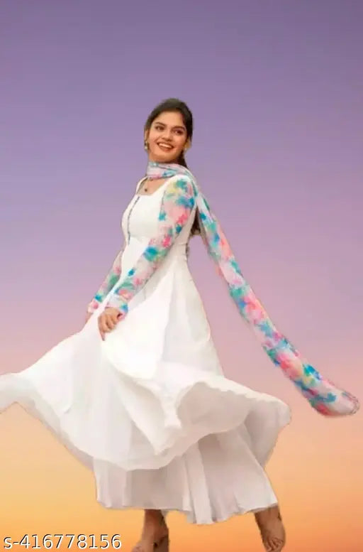 Fancy white georgette kurti5 with printed dupatta, pastel shades, full sleeves. Indian-made fashion wear for women