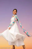 Fancy white georgette kurti5 with printed dupatta, pastel shades, full sleeves. Indian-made fashion wear for women