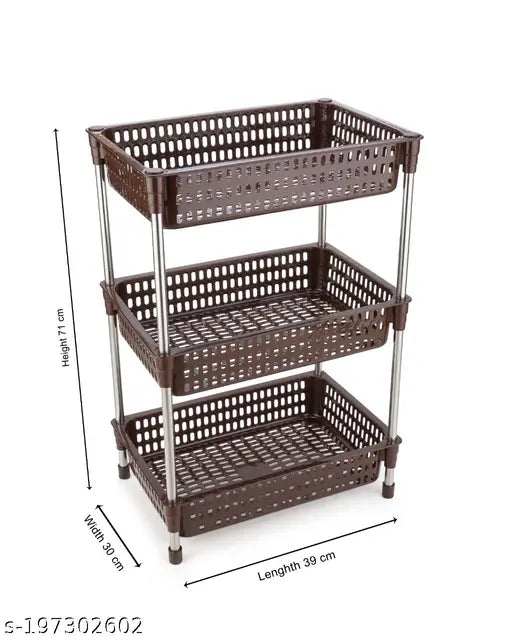 Stainless steel and plastic four-tier fruit and vegetable rack in brown, with one level of tiered shelf and three levels of flat shelfing, suitable for kitchen use