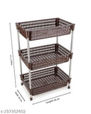 Stainless steel and plastic four-tier fruit and vegetable rack in brown, with one level of tiered shelf and three levels of flat shelfing, suitable for kitchen use