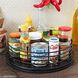 Black wire tray filled with various food items, including canned goods and condiments