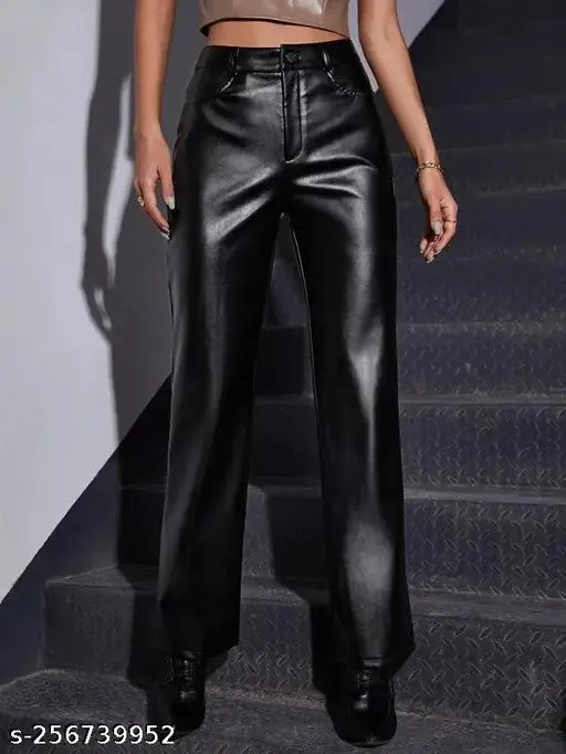 Black leather high-waisted trousers, fitted ankle, wide leg openings