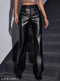 Black leather high-waisted trousers, fitted ankle, wide leg openings