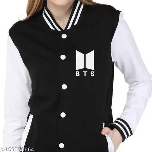 Black cottonblend BTS varsity jacket with printed motif, long sleeves, and baseball collar. Ideal for casual wear or outdoor activities in various sizes (S-XXL). Made in India