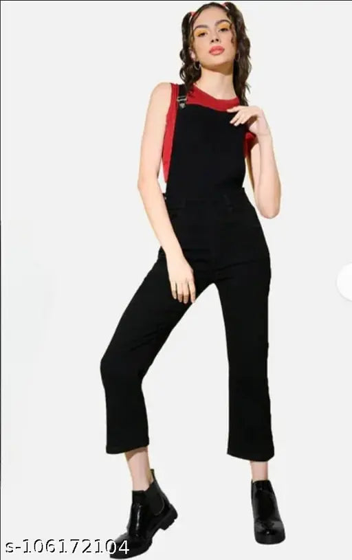 Trendy blue denim sleeveless dungaree, high waist with adjustable straps, four pockets, belt loops, mock fly, and metallic button closures. Size: L (38/38/30/34), XL (40/38/32/36), XXL (44/38/34/38) - Perfect Fashion India