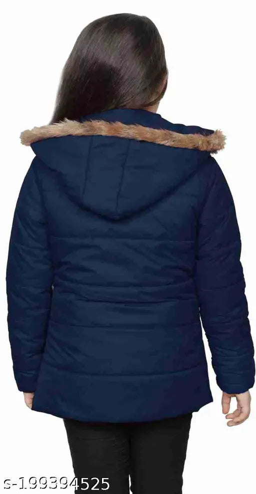 Navy blue puffer jacket with a fur-lined hood
