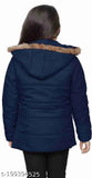 Navy blue puffer jacket with a fur-lined hood