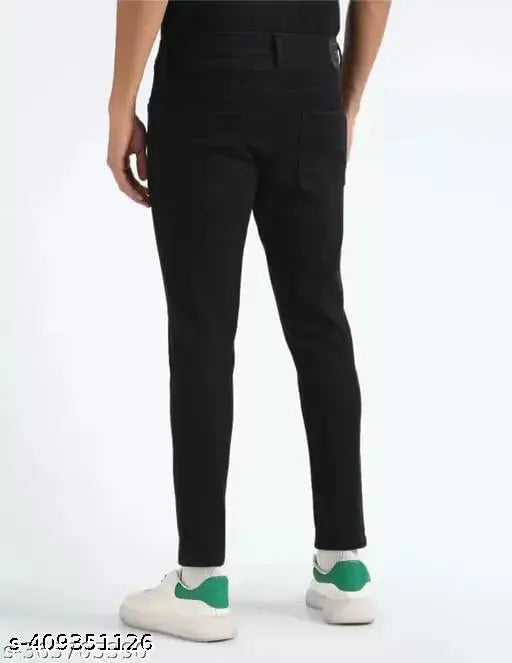 Polycotton men's jeans, mid rise, full length, machine washable, five pockets, button waist closure, zipper fly, black color. Pack of one quantity, manufacturing in India, origin in India. Size 28 (waist 28", length 39"), 30 (waist 30", length 39"), 32 (waist 32", length 39"), 34 (waist 34", length 39"). Indian-made men's black jeans