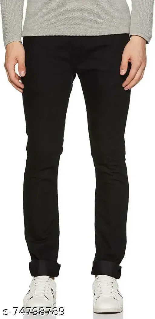 Trendy black denim jeans for men, stretchable Slim Fit design, high quality fabric with excellent finishing. Black plain style, suitable for Indian youth. Color may vary due to image lighting. Size 28 (Waist 28in, Length 40in). Made in India