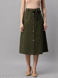Olive green cotton midi A-line skirt, long waist tie belt, perfect for travel in summer