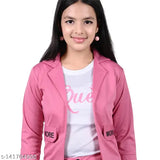 Pink three-quarter sleeve jacket, full length trousers, and white casual top, girls fashion, queen print top, single set