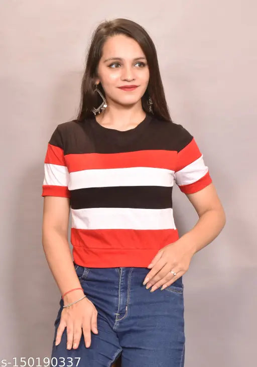 Colorblock cotton blend women's t-shirt, short sleeves, vibrant color block pattern. (Size S: Bust 34in, Length 20in)