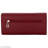 A maroon faux leather clutch with zip closure, featuring a main compartment and two phone pockets