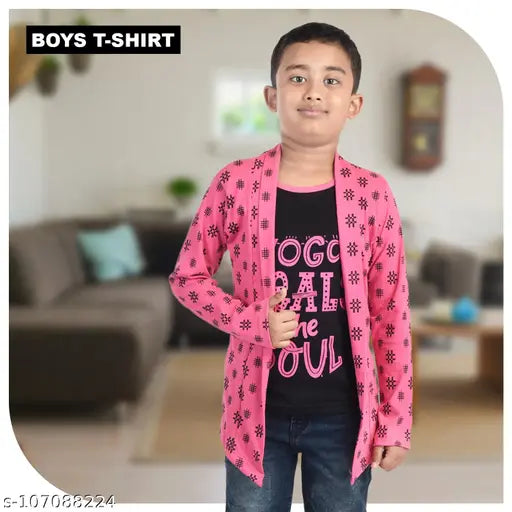 Black and pink cotton smart printed T-shirt with attached pink shrug