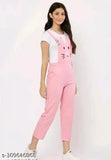 Pink cotton blend jumpsuit for women, CAT print with short sleeves