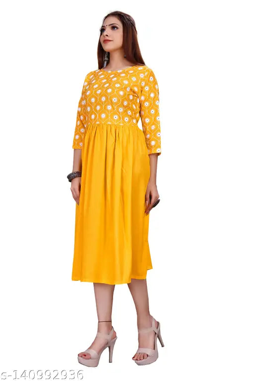 Embroidered viscose rayon flared kurti, three-quarter sleeves, traditional-formal combo for women's party wear. Indian ethnic wedding attire with dupatta included