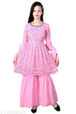 Pink Georgette Sharara Set, embellished A-line with three-quarter sleeves for girls aged 4-5 years (Size 24 in). Indian cultural elegance meets modern style