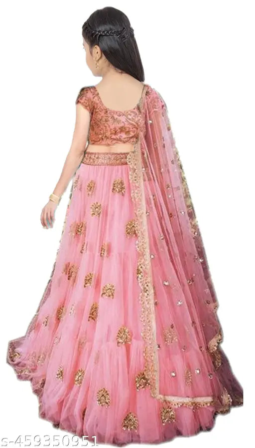 Embroidered net lehenga choli and dupatta set for girls, pink - various sizes available from 3-16 years