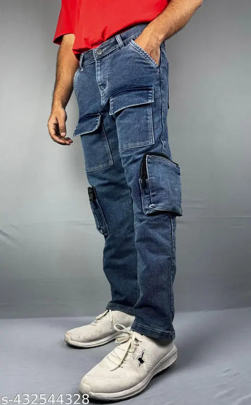 Light blue men's cargo jeans with pockets and patches