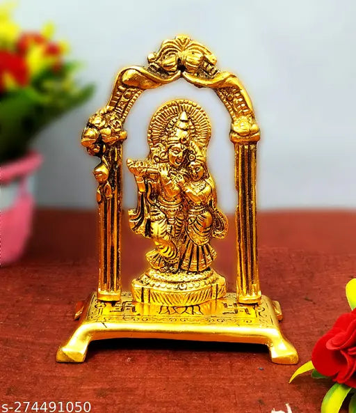 Radha Krishna Meharav metal idol set, 12cm x 14.5cm x 6.5cm, for home, temple, office, and gifting. Indian origin