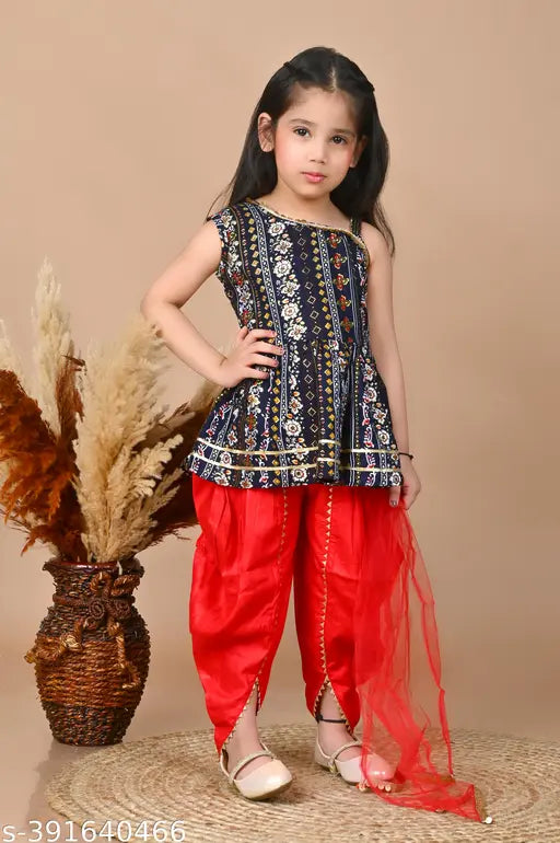 Blue and red rayon kids' dress set: 3-piece Kurta with Dhoti and Dupatta featuring grinning designs