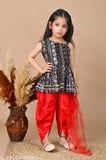 Blue and red rayon kids' dress set: 3-piece Kurta with Dhoti and Dupatta featuring grinning designs