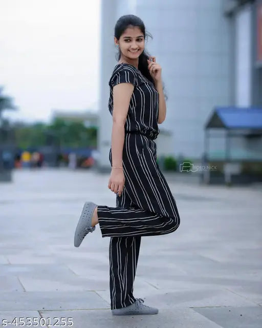 Trendy striped women's poly crepe jumpsuit in printed net, short sleeves, multiple sizes available