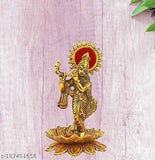 Gold-plated flute playing Krishna idol from Chandra Art Collection, 20cm (Metal, Gold), Hindu decorative showpiece for home pooja