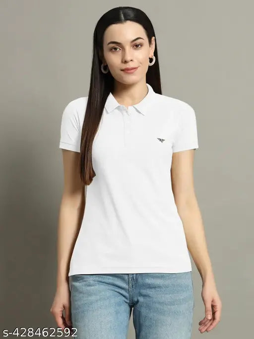 Women Solid Half Sleeves Polo Neck T-shirt