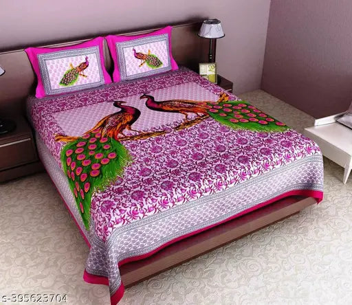 Superfine, peacock-printed, Jaipuri Rajasthani cotton double bedsheet, ideal for summer. JINDA FASHION product on display." (124 characters)