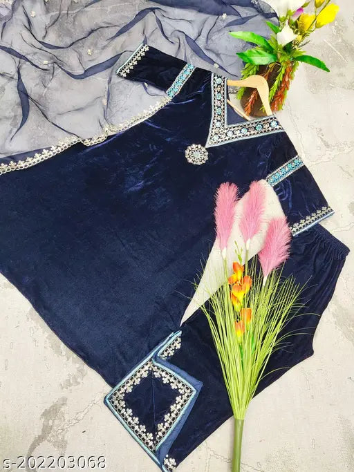 Blue velvet top with embroidered details and fancy bell sleeves, featuring a 5mm sequin trim