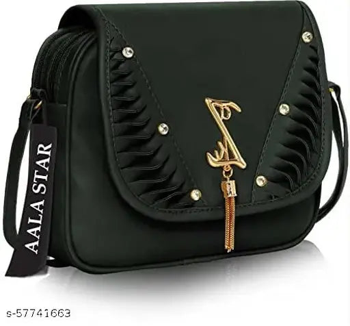 Black faux leather quilted slingbag with multiple compartments and a long adjustable strap, featuring a gold-tone zip closure