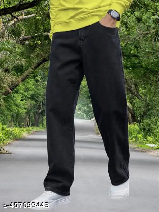 A pair of dark grey beginny jeans for men in a loose fit style