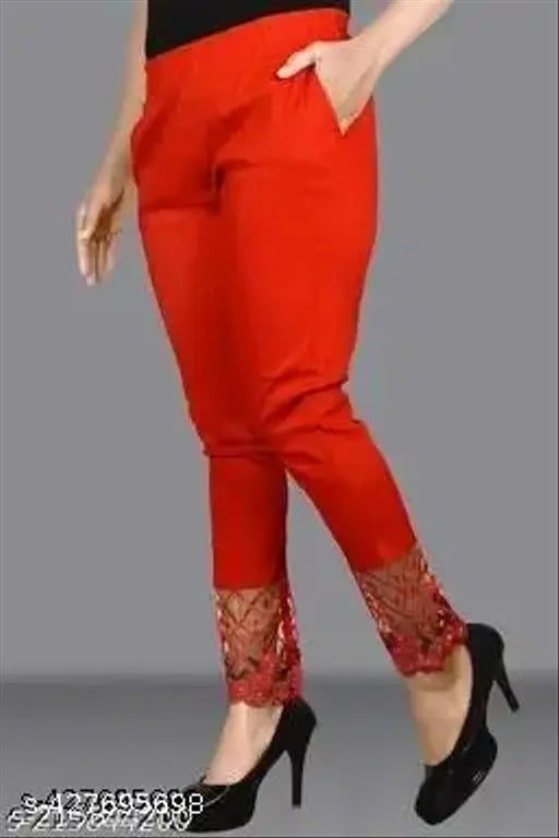 Red cotton stretchable trouser with embroidered flowers and both side pockets, perfect for workwear or casual wear. Available sizes: 28, 30, 32, 34, 36, 38, 40, 42 (inches). Made in India