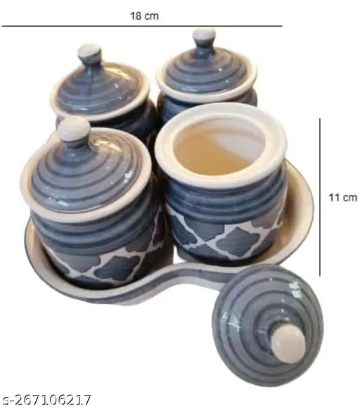 Ceramic jars with lid, set of 4 in blue and yellow, multi-purpose dining table container, for pickles, chutney