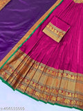 South Indian Silk Blend Lehenga Dhavani (unstitched), solid color with Kalamkari patterns, free size, long sleeves
