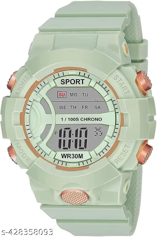 Digital watch with digital display, sporty style in green and black