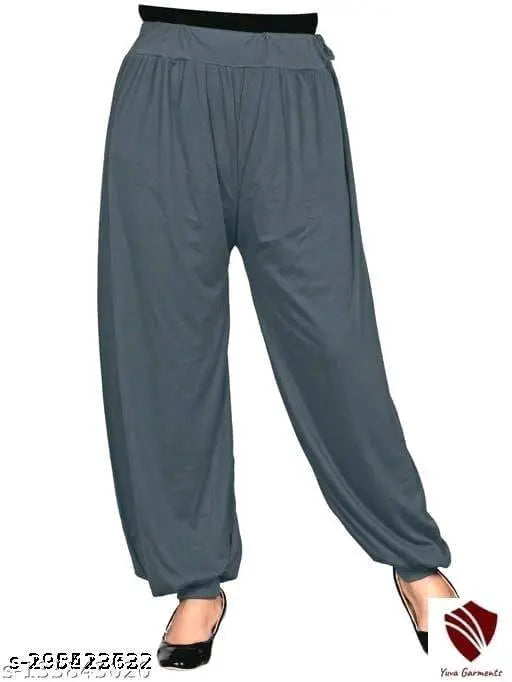 Grey cotton harem pants with elastic waistband, comfy for lounging at home