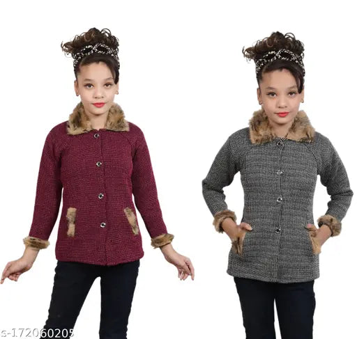 Wool, printed net, full sleeve pack of 2 sweaters for girls aged 4-7 years - CHRISTY'S COLLECTION on Gillkart