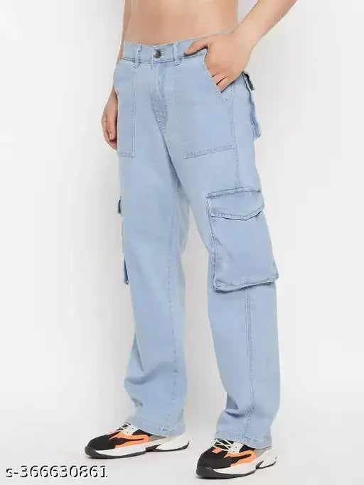 Light blue denim Lahaba cargo jeans with baggy pockets for men, size 30x30 inch