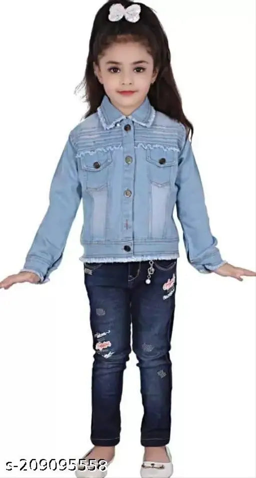 Light blue jacket with three vertical stripes, denim skirt, open front, zip closure