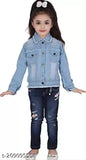 Light blue jacket with three vertical stripes, denim skirt, open front, zip closure
