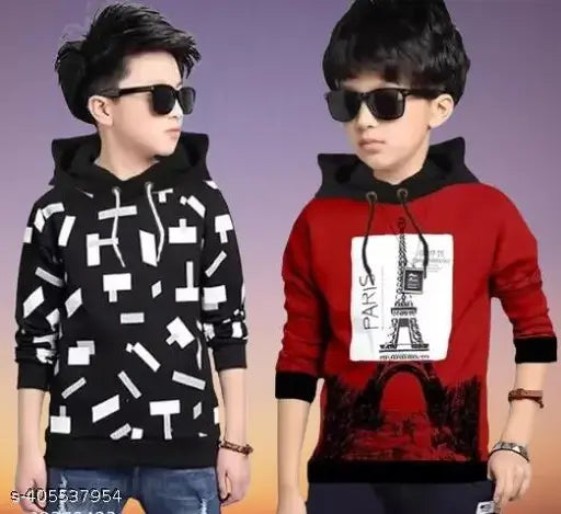 Kids Boys & Girls Hooded Neck Full Sleeves, Pure Cotton, Regular Fit, T-shirt, Pack of 2