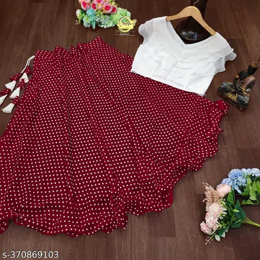 Georgette style skirt in red polka dot pattern with matching top, for women