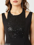 Black polyester sleeveless halter neck jumpsuit by Miss Chase, featuring sequin panel and pleats, suitable for XS to XL sizes