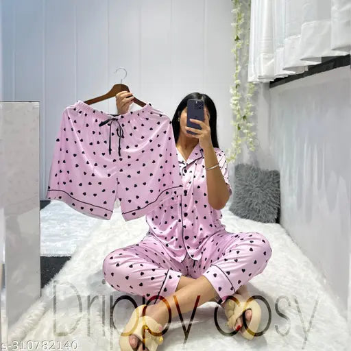 Heart print silk blend ladies night suit, shiny and soft sleepwear for comfort and luxury
