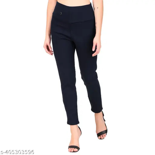 Navy blue high-rise jeggings for women and girls with broad belt detail, solid denim fabric