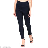 Navy blue high-rise jeggings for women and girls with broad belt detail, solid denim fabric