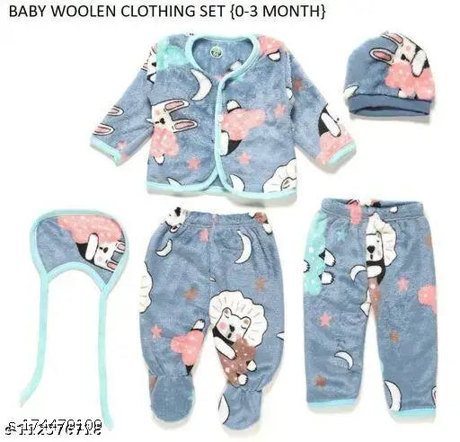 newborn winter wear set: Silk blend, 5-piece outfit (bib, pajamas, top, cap), printed net design for babies 0-3 months