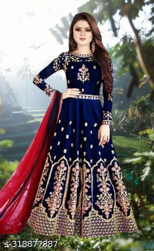 Taffeta silk, embroidered work gown with three-quarter sleeves. Semi-stitched, Indian-made fashion for professional women